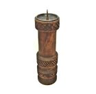 Vintage Wood Carved Candle Holder With Brass Bowl Rustic Home Decor 50S