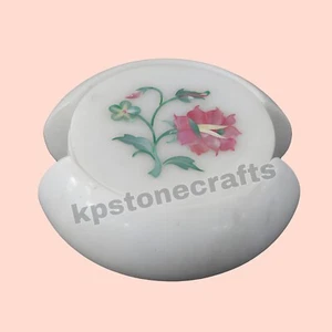 4"x4" Rose Quartz & Malachite Floral Inlaid Coaster Set with Holder | Handmade - Picture 1 of 5