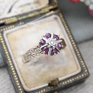 Vintage 9ct Gold Ruby Diamond Floral Cluster Ring 1976 Mid-Century - Textured - Picture 1 of 8