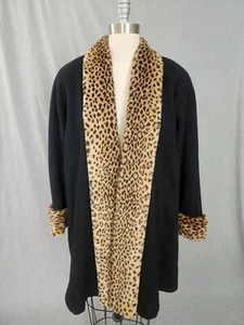 90s Havoc Wool Coat Black Faux Fur Leopard Print Trim Size Medium Made USA - Bild 1 von 8
