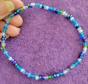 Anklet Aqua Marine Sea Bead Beaded - Energy Life Breath - Unique 10 1/2" - Picture 1 of 5