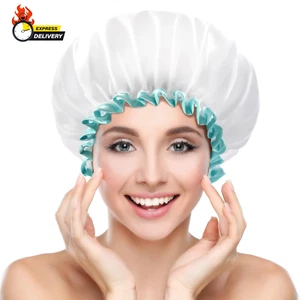 Shower Cap for Women and Girls,Reusable,Waterproof, Washable, Cute and Soft,Whit - Picture 1 of 12