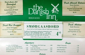 Menú de restaurante Danish Inn vintage Smorgasbord Gravlaks abulón Solvang CA años 70 - Imagen 1 de 6