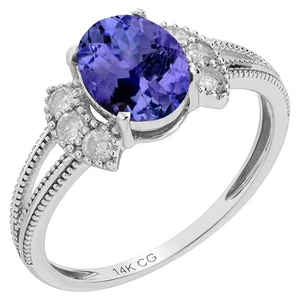 14k Solid White Gold Vintage Style Oval Tanzanite and Split-Shank Diamond Ring - Picture 1 of 6