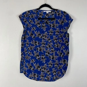 Diane von Furstenberg 100 % Seide Sternenmuster Top kobaltblau schwarz Gr. 6 Flügelärmel - Bild 1 von 10