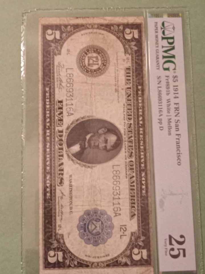 1914 $5 Federal Reserve Note San Francisco PMG 25 Very Fine. Free Shipping.  - Image 1 of 4
