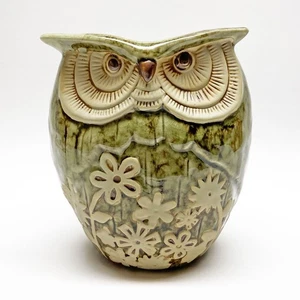 Jarrón o maceta vintage de cerámica de búho, esmalte verde, diseño floral - Imagen 1 de 5