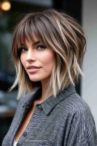 Short Layered Ombre Brown Blonde Bob Lace Front 100% Human Hair Wigs with Bangs - Picture 1 of 4