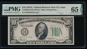 AC 1934A $10 Saint Louis FRN PMG 65 EPQ H-A block Fr 2006-H - Picture 1 of 2
