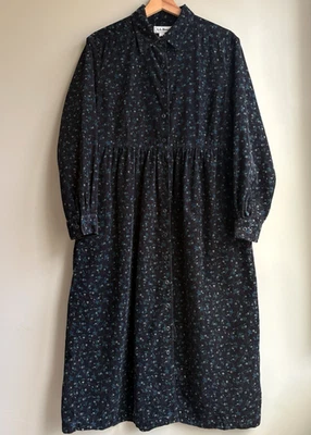 Vestido Camisa Midi LL Bean Micro Floral Pana Pradera Cottage Negro Azul 10P Foto 1 de 4