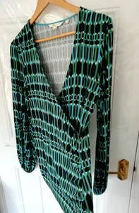 Boden Size 14 Wrap Effect Blouse Top Navy Blue Green Turquoise Soft Stretchy - Picture 1 of 6