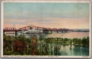 Postcard Ft. Madison Iowa Santa Fe Bridge Across Mississippi River Fred Harvey - Picture 1 of 2