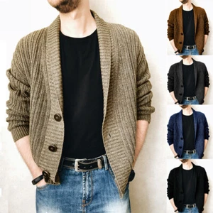 Mens Winter Warm Cardigan Sweater Cable Knit Button Cotton Sweater Pockets Tops - Picture 1 of 20