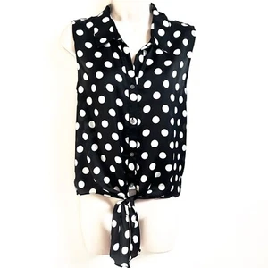 NEW Vince Camuto Sleeveless Button Down Tie Front Polka Dot Top Blouse Black M - Picture 1 of 5