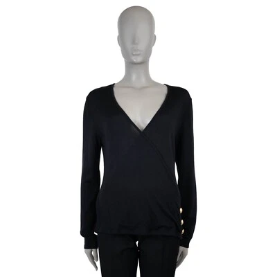 71863 auth BALMAIN black wool & silk  FAUX WRAP SIDE BUTTON Sweater 42 L - Image 1 of 4