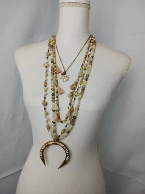 Lot Of 4 Necklaces Boho Earth Brass Gold Tone Bead Crescent Heart Stone Caged  - Image 1 of 4