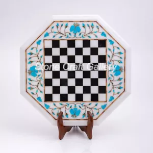 18" Marble Chess Table Top Turquoise Semi Precious stones pietradura Inlay Art - Picture 1 of 1