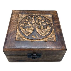 Hand-carved Wooden Boxes Square Wooden Keepsake Box 13x13x6cm Tree of Life - Picture 1 of 1