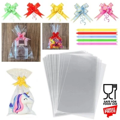 Clear Cellophane Sweet Bags Treat Party Loot Plastic Gifts Wrap Pull Bow Ribbons