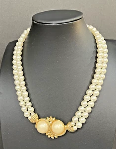 Collar Vintage Perlas Vidrio Imitación Doble Hilo Estrás Tono Dorado - Imagen 1 de 8