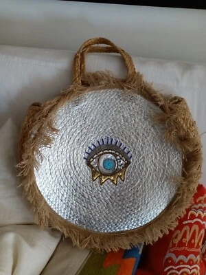 Evil Eye Embroidered Jute Straw Beach Bag, Round. - Image 1 of 4