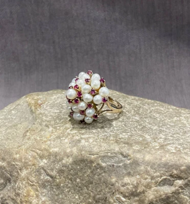 Vintage Handmade Large 14k Yellow Gold Pearl & Ruby Ladies Cocktail Ring - Image 1 of 4