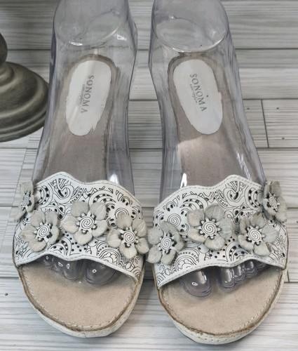 CLARKS Sandali comodi con tacco in pelle Sonoma bianchi 3D fiori taglia 6 5 Cottagecore