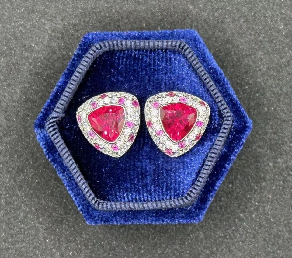 3ct Trillion  Ruby Stud 15mm Earrings 14k White Gold-Plated Solid Silver - Image 1 of 3