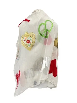 Moschino Silk Blend Scarf Peace Heart Print Logo White Red Green Italy Made #A78 - Imagem 1 de 4