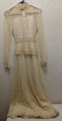 Gunne Sax Women's Dress 9 Jessica Floral lace Prairie Ivory Wedding High Neck XS - Image 1 of 4
