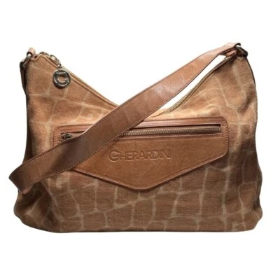 GHERARDINI TAN BEIGE GIRAFFE ANIMAL PRINT CANVAS LEATHER COMBO SHOULDER BAG - OS - Image 1 of 4