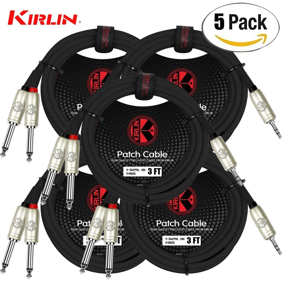 PACK de 5 cables Kirlin 3 pies 3,5 mm TRS a doble 1/4" mono sin ruido Y-362 PRL-03/BK Foto 1 de 1