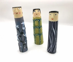 Set of 3 Whimsical Folk Art People Bud Flower Vases Hand Painted Raised Detail - Picture 1 of 8