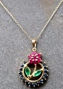 14K Yellow Gold Designer Emerald Sapphire Ruby Flower Pendant 19" Chain Necklace