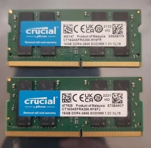 Crucial PC4-21300 PC4 2666V 32GB 2X16GB DDR4 2RX8 2666MHz 260pin Laptop Memory - Picture 1 of 1