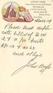 1881 New York NY John Boyle Awning Goods Color Advertising Postal Card - Picture 1 of 2