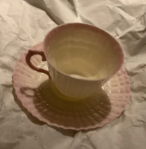 EXCELLENT CONDITION Belleek Pink And Ivory Cup & Saucer #0857 w/ Green Mark - Bild 1 von 5