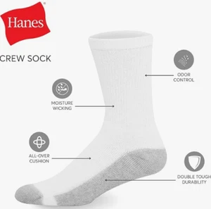 Hanes Men's Double Tough Crew Socks, 12-Pair Pack Size 6-12 White Pairs of Socks - Picture 1 of 9