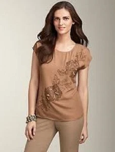 CLEARANCE!! NEW $129 TALBOTS Brown Crepe Floral Beaded Top,Blouse Sz XS ( 2,4 ) - Picture 1 of 4