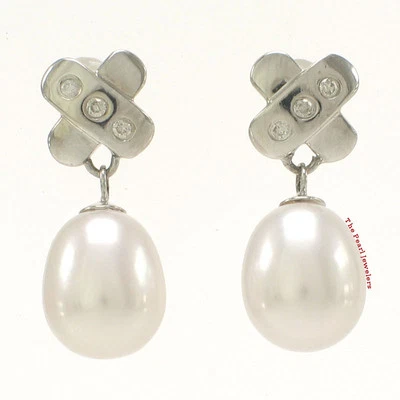 14k White Gold X-Design Diamond & White Cultured Pearl Dangle Stud Earrings - Image 1 of 4