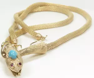 Antique Art Deco 1920's Turquoise Snake Necklace 13K Yellow Gold 20" 35.6 Grams - Picture 1 of 12