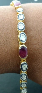 Polki Diamond Bracelet, 925 Sterling Silver Rose Cut Ruby Gemstone Nice Bracelet - Picture 1 of 8
