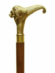 Vintage Latón Cabeza de León Mango Handmade Madera Caminar Caña Adhesivo - Imagen 1 de 5
