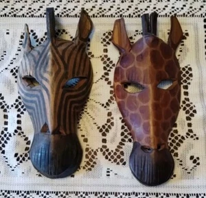 Giraffe And Zebra Set Wood Wall Hangings Hand Made In Kenya Africa - Picture 1 of 14