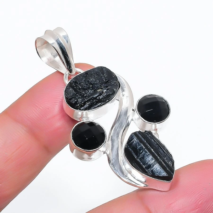 Black Tourmaline Gemstone Handmade 925 Sterling Silver Jewelry Pendant Size 2" - Image 1 of 1