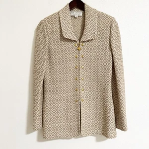 St John Collection Cardigan geometrisches Muster Reißverschluss vorne Nieten elfenbeinbraun Größe 4 - Bild 1 von 10