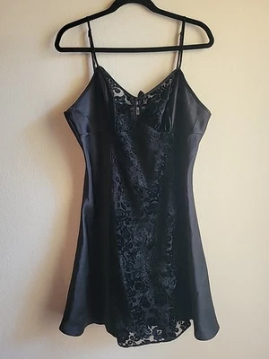 Vtg 90s Black Satin Slip Dress Velvet Burnout Front Whimsigoth XL Sostanza - Image 1 of 4