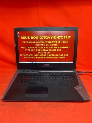 ASUS ROG G752VY-DH72 17" GeForce GTX 980M, 32GB RAM, BAD BATTERY (CP1117980) - Image 1 of 4