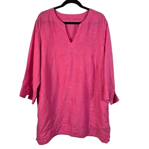 Lands End Blouse Women's 1X Hot Pink Linen Tunic V Neck Coastal Summer Beachy - Picture 1 of 11