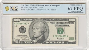 2001 $10 Federal Reserve Note Fr-2036-I Minneapolis PCGS67 Superb Gem PPQ - Picture 1 of 2